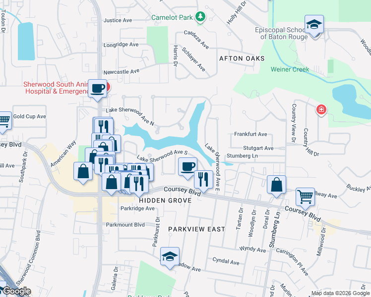 map of restaurants, bars, coffee shops, grocery stores, and more near 12336 Lake Sherwood Avenue North in Baton Rouge