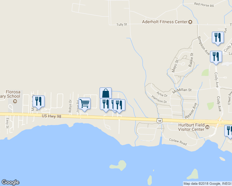 map of restaurants, bars, coffee shops, grocery stores, and more near 43 Solar Street in Mary Esther