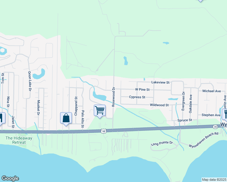 map of restaurants, bars, coffee shops, grocery stores, and more near 406 Rosewood Drive in Mary Esther