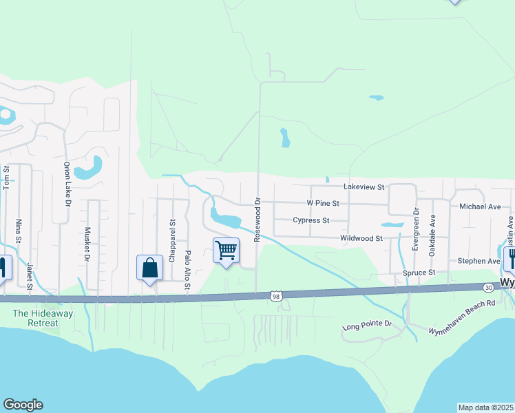 map of restaurants, bars, coffee shops, grocery stores, and more near 386 Rosewood Drive in Mary Esther