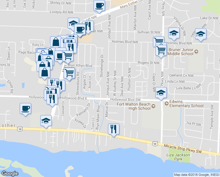 map of restaurants, bars, coffee shops, grocery stores, and more near 9 Jonquil Avenue Northwest in Fort Walton Beach