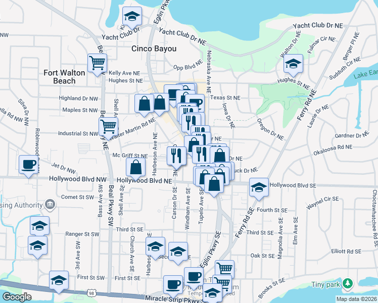 map of restaurants, bars, coffee shops, grocery stores, and more near 18 Gipson Place Northeast in Fort Walton Beach