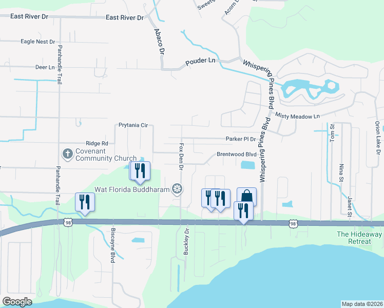 map of restaurants, bars, coffee shops, grocery stores, and more near 9520 Brentwood Boulevard in Navarre
