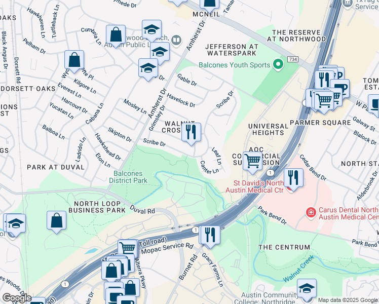 map of restaurants, bars, coffee shops, grocery stores, and more near 3211 Canter Lane in Austin