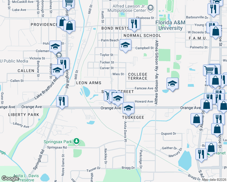 map of restaurants, bars, coffee shops, grocery stores, and more near 2614 Saxon Street in Tallahassee