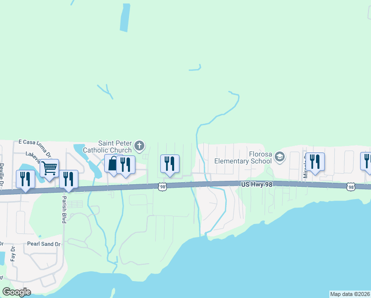 map of restaurants, bars, coffee shops, grocery stores, and more near 414 Little John Road in Mary Esther