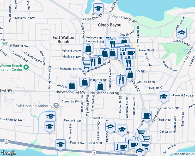 map of restaurants, bars, coffee shops, grocery stores, and more near 7 Mc Griff Street Northeast in Fort Walton Beach