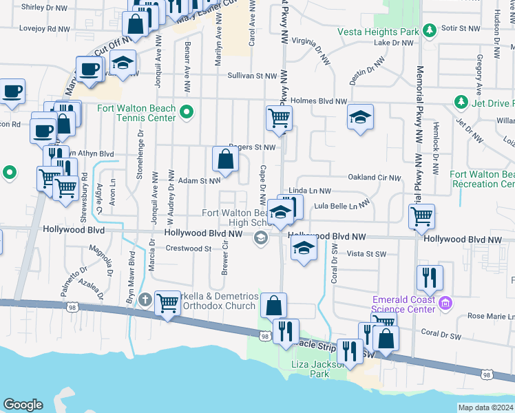 map of restaurants, bars, coffee shops, grocery stores, and more near 5 Cape Drive Northwest in Fort Walton Beach