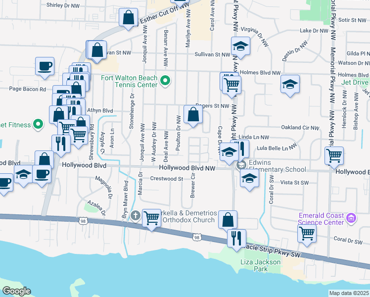 map of restaurants, bars, coffee shops, grocery stores, and more near 414 Sea Rover Lane Northwest in Fort Walton Beach