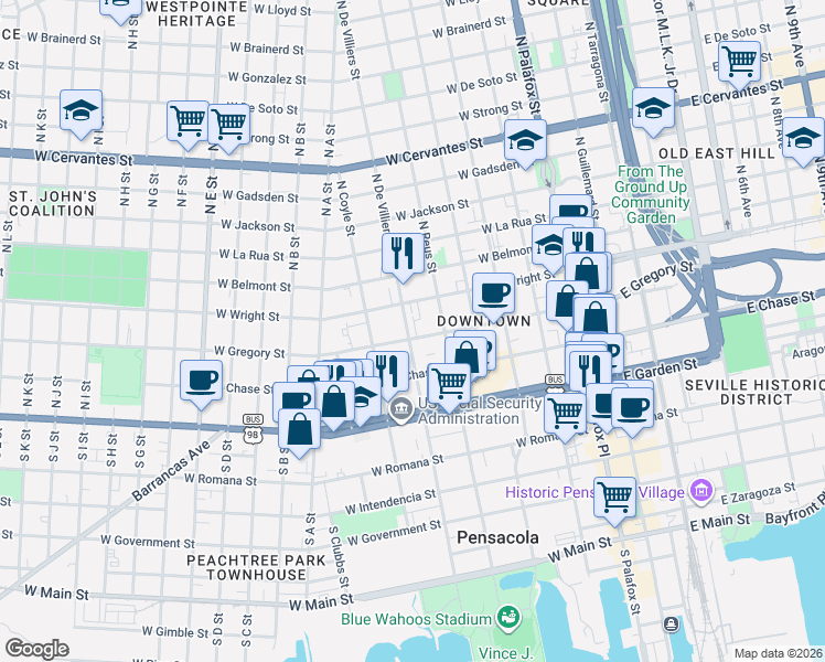 map of restaurants, bars, coffee shops, grocery stores, and more near 423 West Gregory Street in Pensacola