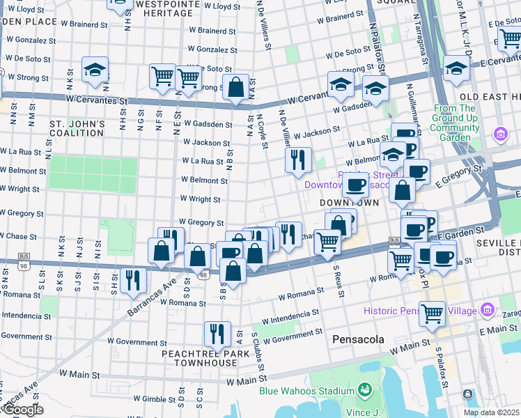 map of restaurants, bars, coffee shops, grocery stores, and more near 624 West Gregory Street in Pensacola