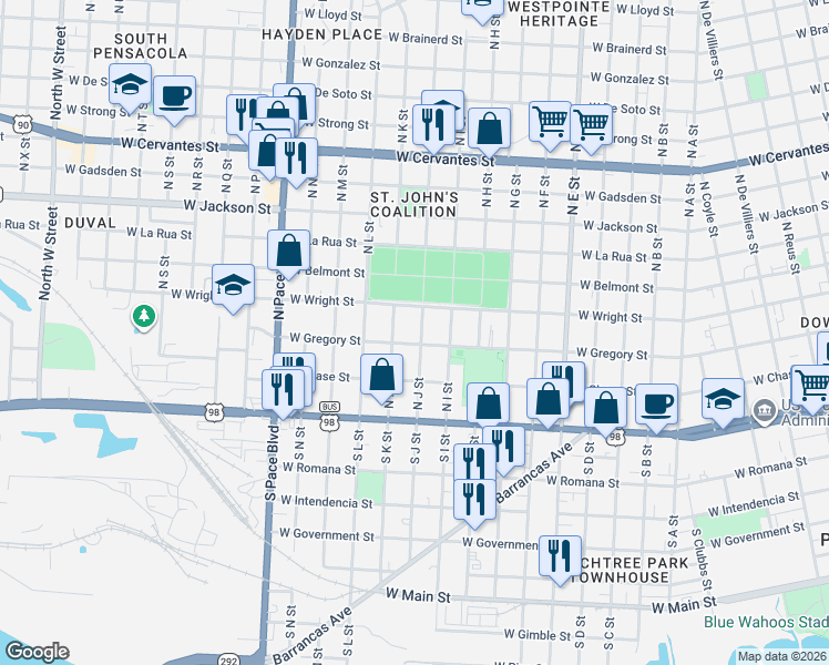 map of restaurants, bars, coffee shops, grocery stores, and more near 1621 West Gregory Street in Pensacola
