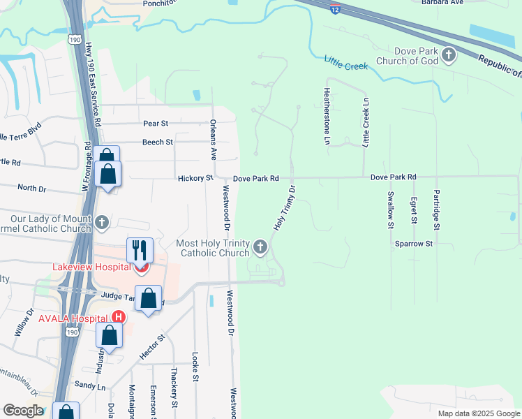 map of restaurants, bars, coffee shops, grocery stores, and more near 601 Holy Trinity Drive in Mandeville