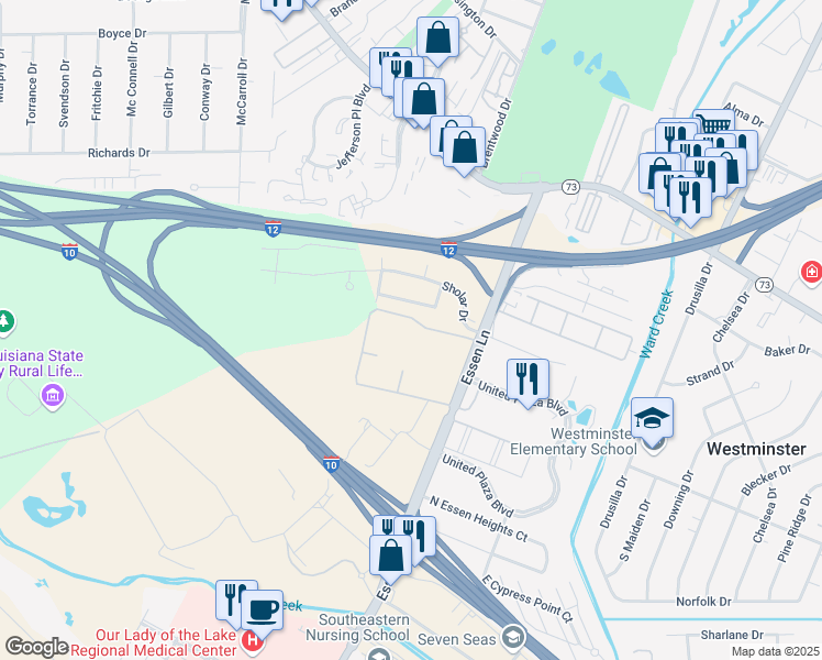 map of restaurants, bars, coffee shops, grocery stores, and more near 8296 Rainbow Drive in Baton Rouge