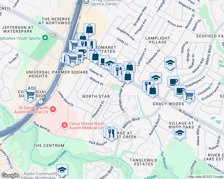 map of restaurants, bars, coffee shops, grocery stores, and more near 12405 Alderbrook Drive in Austin