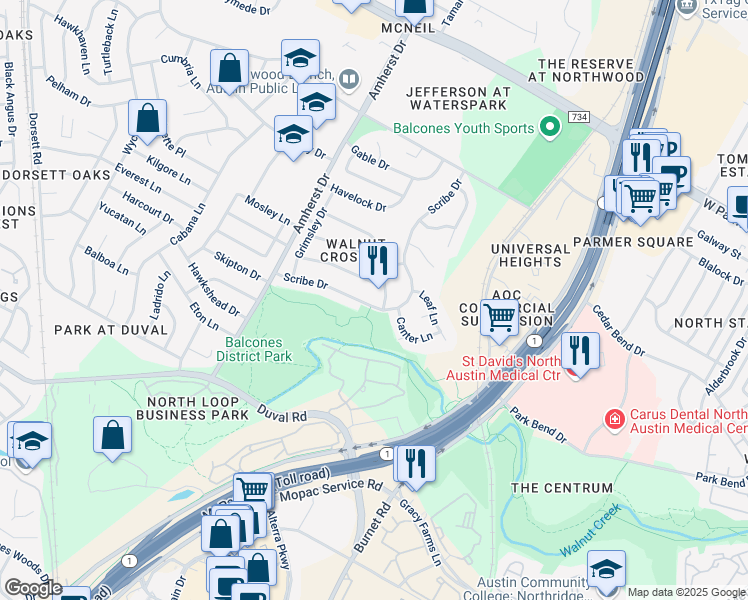 map of restaurants, bars, coffee shops, grocery stores, and more near 3211 Canter Lane in Austin