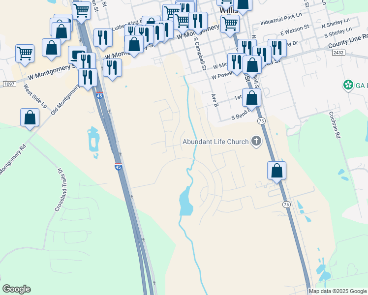 map of restaurants, bars, coffee shops, grocery stores, and more near 409 1st Street in Willis