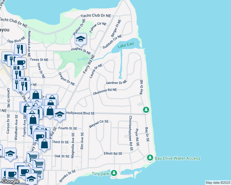 map of restaurants, bars, coffee shops, grocery stores, and more near 350 Okaloosa Road Northeast in Fort Walton Beach