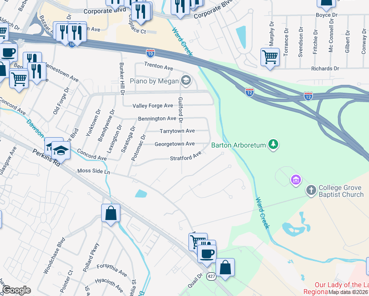 map of restaurants, bars, coffee shops, grocery stores, and more near 5821 Stratford Avenue in Baton Rouge