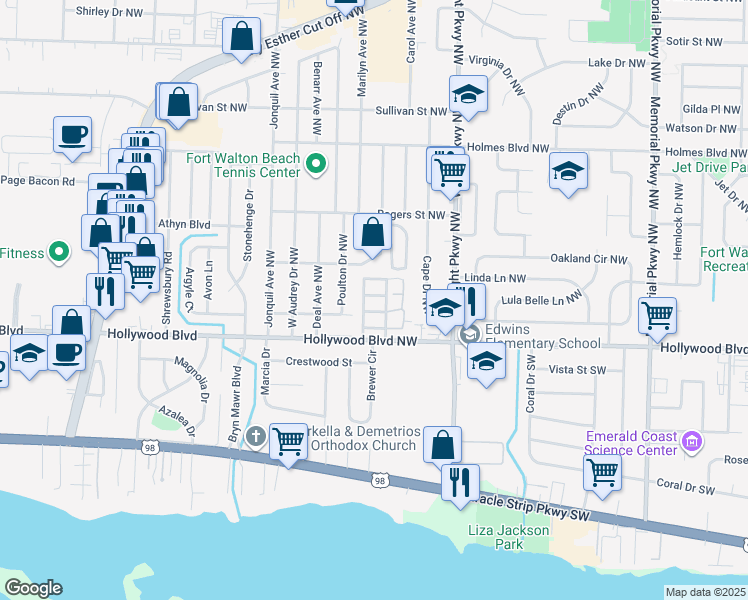 map of restaurants, bars, coffee shops, grocery stores, and more near 414 North Sea Lane Northwest in Fort Walton Beach