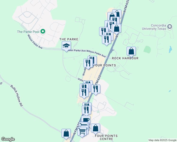 map of restaurants, bars, coffee shops, grocery stores, and more near 7900 North FM 620 in Austin