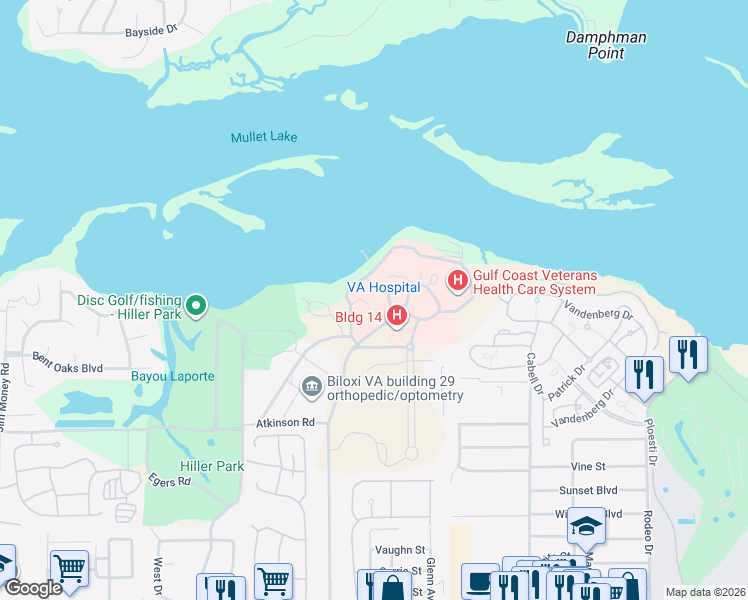 map of restaurants, bars, coffee shops, grocery stores, and more near 400 Veterans Avenue in Biloxi