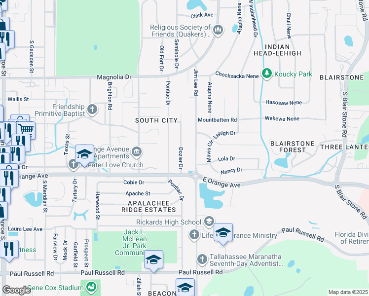 map of restaurants, bars, coffee shops, grocery stores, and more near 2414 Dozier Drive in Tallahassee