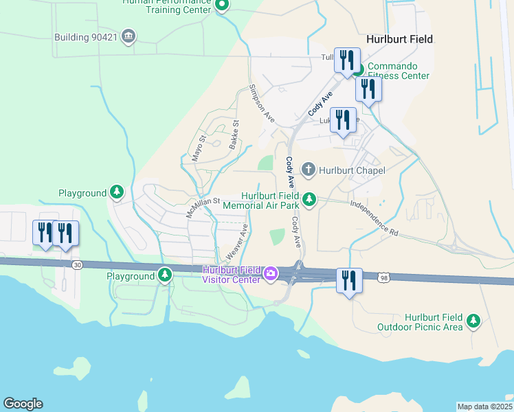 map of restaurants, bars, coffee shops, grocery stores, and more near 108 McMillan Street in Hurlburt Field