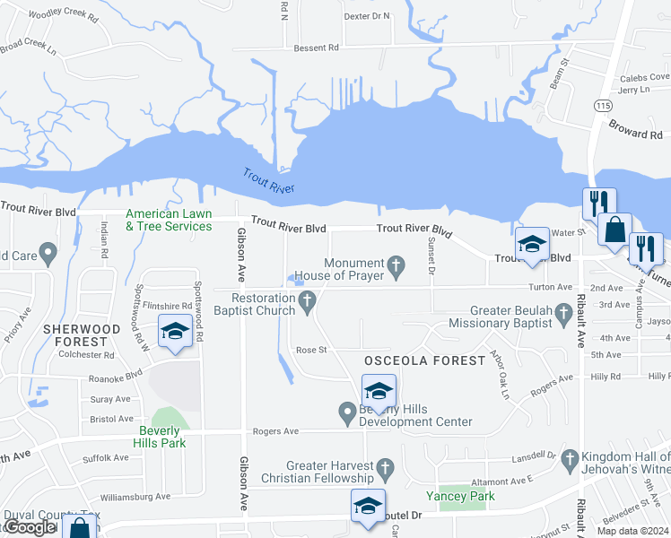 map of restaurants, bars, coffee shops, grocery stores, and more near 9831 Ridge Boulevard in Jacksonville