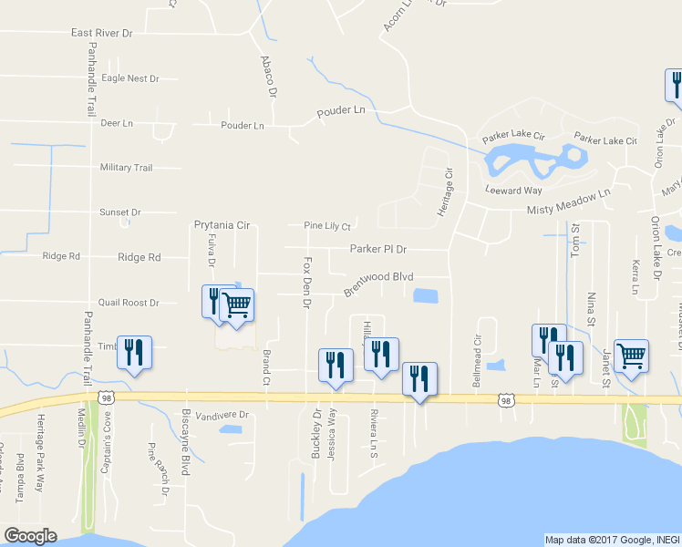 map of restaurants, bars, coffee shops, grocery stores, and more near 2213 Parker Place Court in Navarre