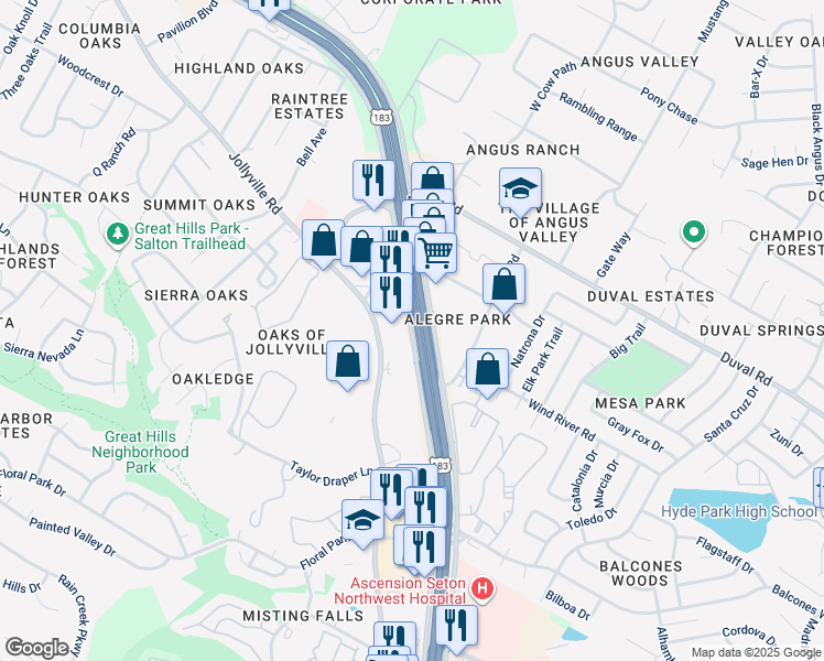 map of restaurants, bars, coffee shops, grocery stores, and more near Research Boulevard in Austin