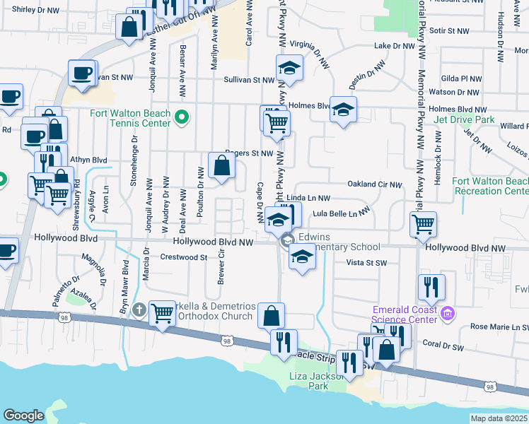 map of restaurants, bars, coffee shops, grocery stores, and more near 5 Cape Drive Northwest in Fort Walton Beach