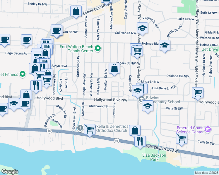 map of restaurants, bars, coffee shops, grocery stores, and more near 414 Sea Rover Lane Northwest in Fort Walton Beach
