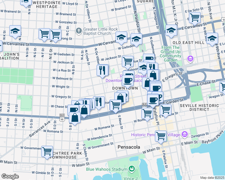 map of restaurants, bars, coffee shops, grocery stores, and more near 423 West Gregory Street in Pensacola