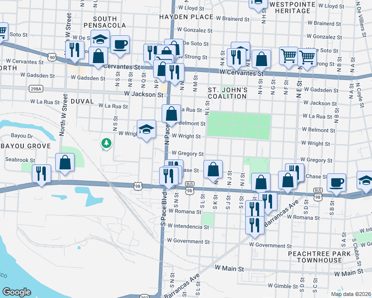 map of restaurants, bars, coffee shops, grocery stores, and more near 2007 West Gregory Street in Pensacola