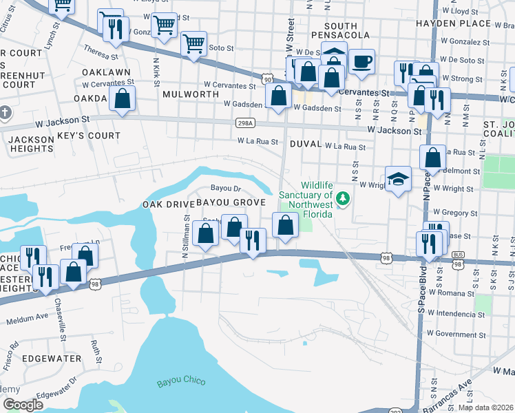 map of restaurants, bars, coffee shops, grocery stores, and more near 205 Davison Street in Pensacola