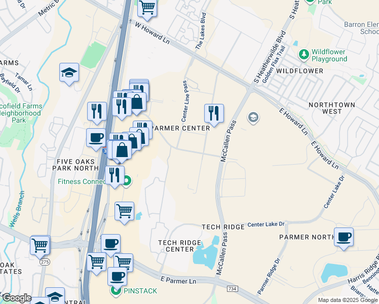 map of restaurants, bars, coffee shops, grocery stores, and more near 611 Center Ridge Drive in Austin