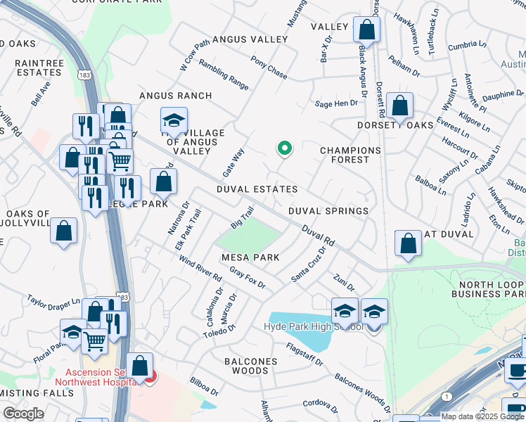 map of restaurants, bars, coffee shops, grocery stores, and more near 4802 Running Deer Drive in Austin