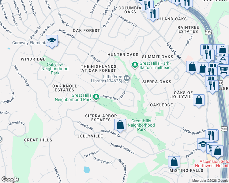 map of restaurants, bars, coffee shops, grocery stores, and more near 10903 Sierra Verde Trail in Austin