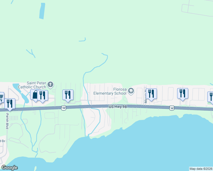 map of restaurants, bars, coffee shops, grocery stores, and more near 1021 Pinetree Road in Mary Esther