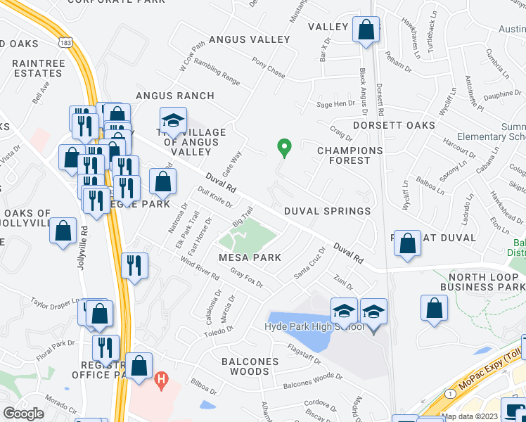 map of restaurants, bars, coffee shops, grocery stores, and more near 4803 Duval Road in Austin