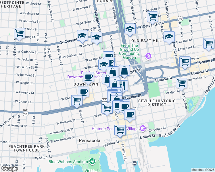 map of restaurants, bars, coffee shops, grocery stores, and more near 32 North Palafox Street in Pensacola