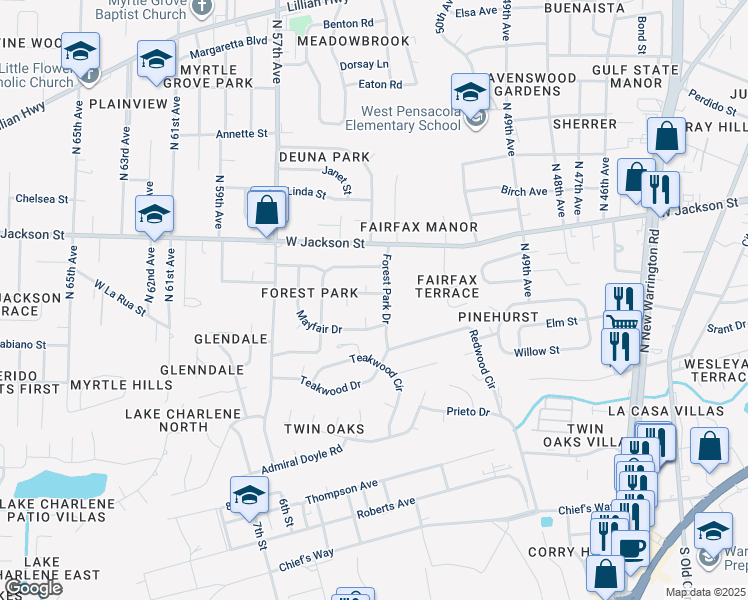 map of restaurants, bars, coffee shops, grocery stores, and more near 5503 Essex Road in Pensacola