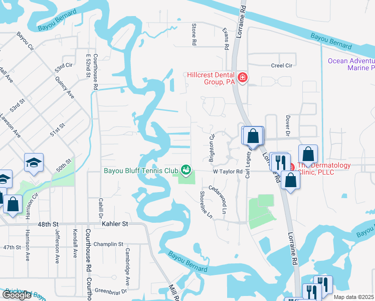map of restaurants, bars, coffee shops, grocery stores, and more near 11582 Bluff Lane in Gulfport