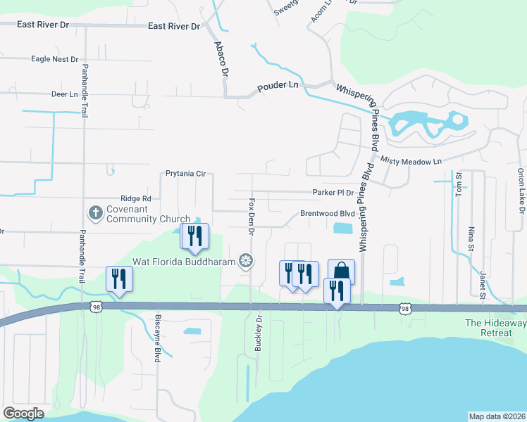 map of restaurants, bars, coffee shops, grocery stores, and more near 2231 Parker Place Court in Navarre