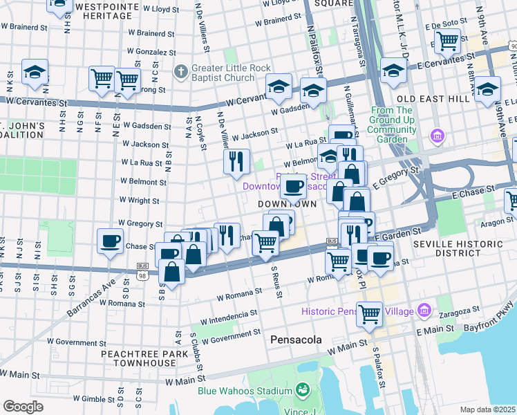 map of restaurants, bars, coffee shops, grocery stores, and more near 423 West Gregory Street in Pensacola