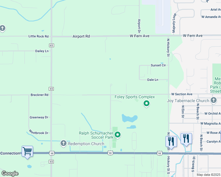 map of restaurants, bars, coffee shops, grocery stores, and more near Cater Lee Way in Foley