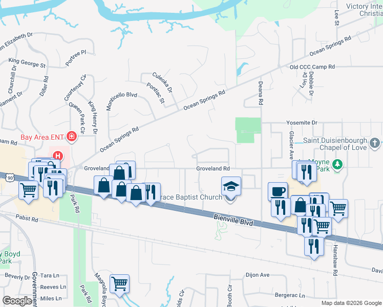map of restaurants, bars, coffee shops, grocery stores, and more near 3623-3725 Groveland Road in Ocean Springs