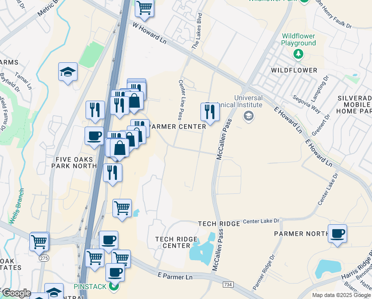 map of restaurants, bars, coffee shops, grocery stores, and more near 611 Center Ridge Drive in Austin