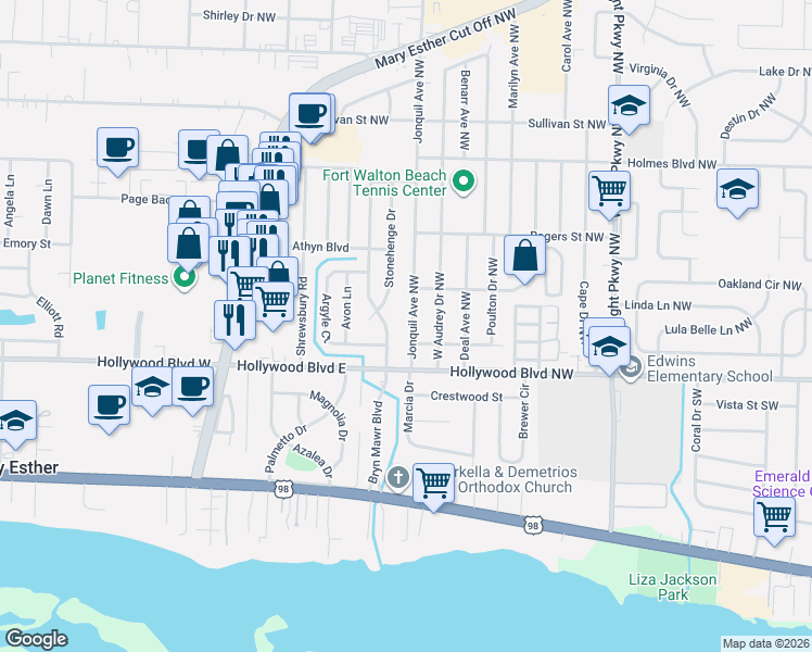 map of restaurants, bars, coffee shops, grocery stores, and more near 14 Jonquil Avenue Northwest in Fort Walton Beach